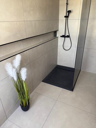 Moderne Dusche mit grauen Fliesen und Pflanzen im Topf in der Ecke.